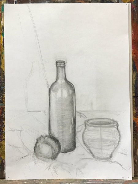 Натюрморт с бутылкой карандашом