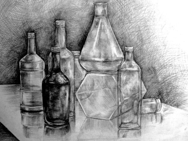 Натюрморт с бутылкой карандашом