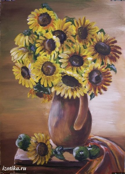 Подсолнухи гуашью в вазе