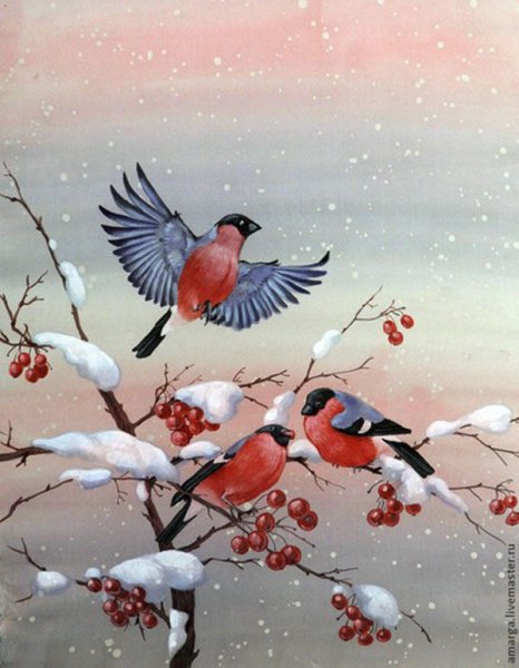 Зимний пейзаж со снегирями