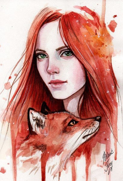 Рыжая девушка акварель