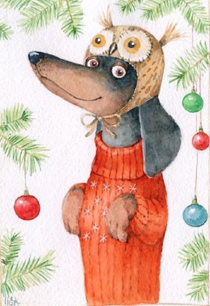 Открытка с таксой на новый год