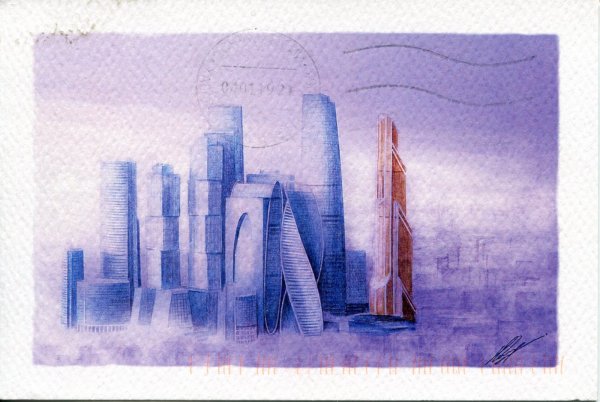Москва Сити акварель