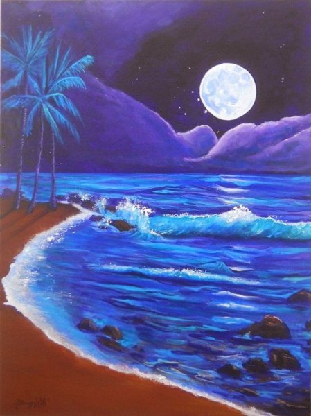 Ночной морской пейзаж акрилом