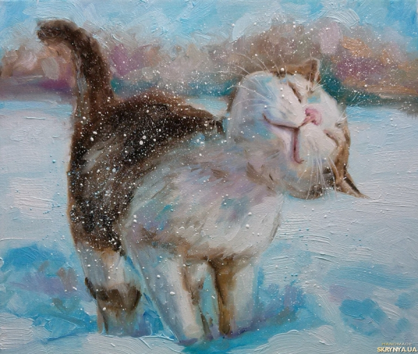 Живопись кошки зимой