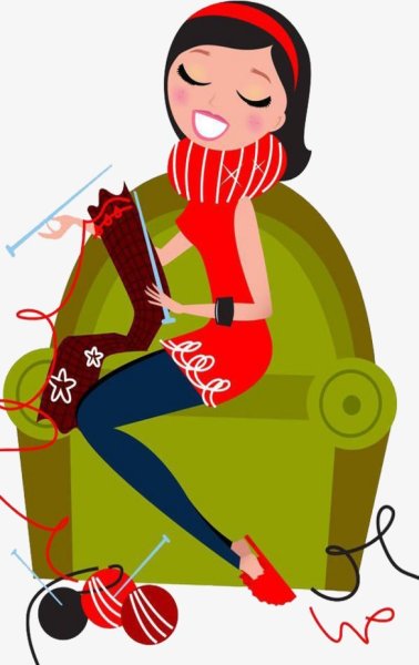 Веселая девушка вяжет