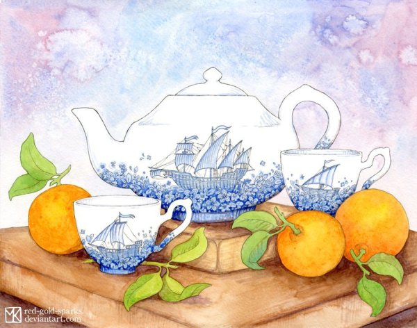 Натюрморт чайный сервиз акварелью