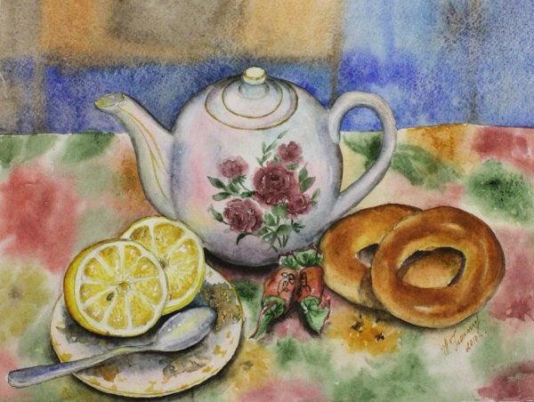 Натюрморт чайник и чашка акварель