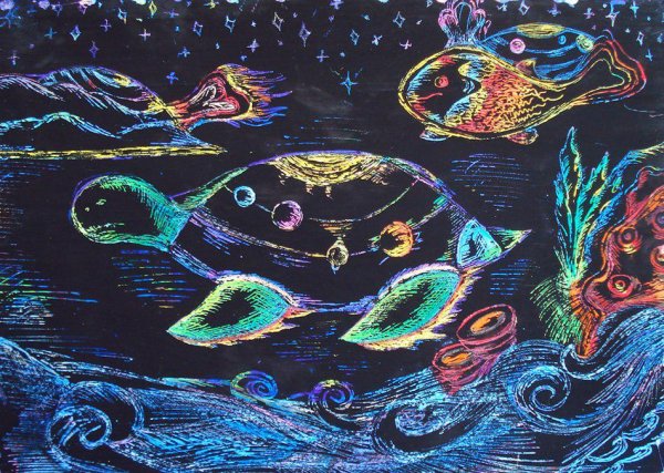 «Подводное царство» (граттаж + восковые мелки)