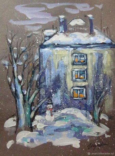 Зимний пейзаж на тонированной бумаге