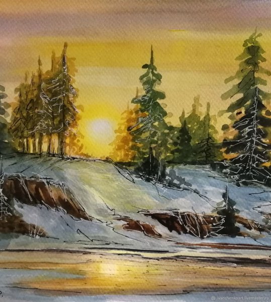 Зимний лес акварель