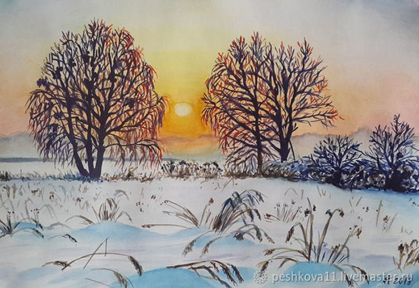 Зимний пейзаж гуашью