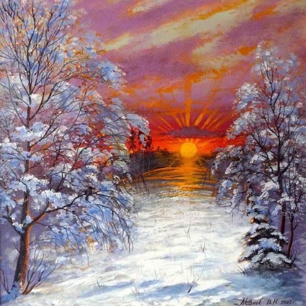 Закат зимой гуашью