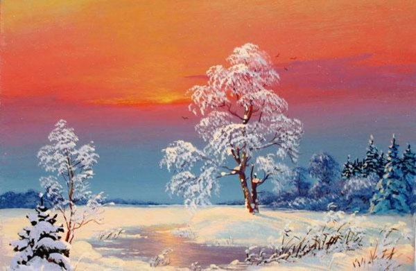 Зимний пейзаж гуашью