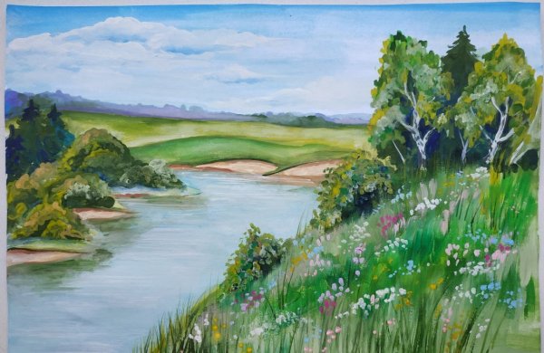 Река Ока рисунок карандашом