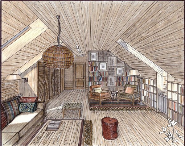 Зарисовки интерьера дома на чердаке