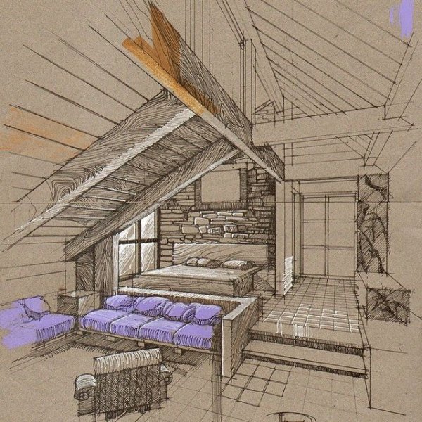 Интерьер мансарда набросок