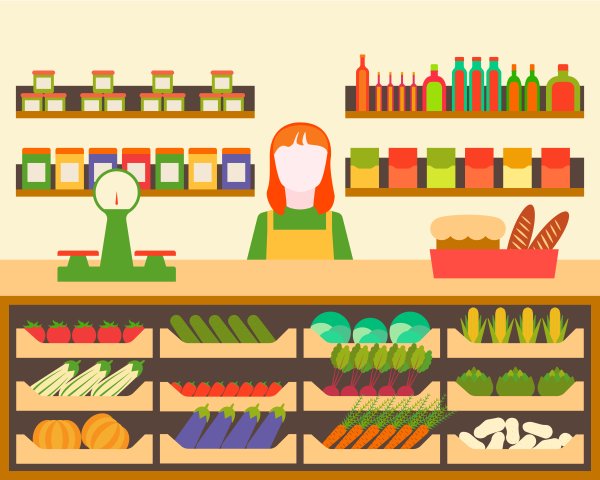 Прилавки в магазине для детей с продуктами