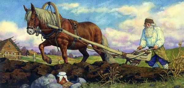 Крестьяне пашут землю в древней Руси