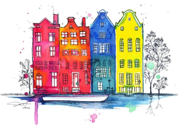 Голландские домики акварель