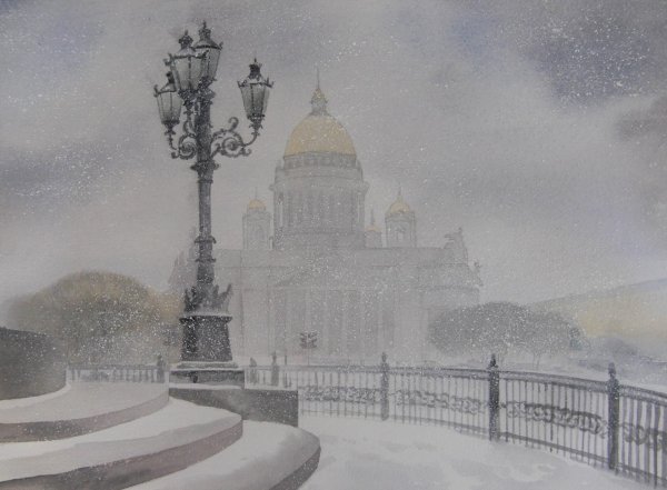 Питер зимой акварель
