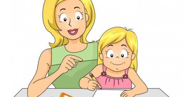 Рисованная мама с ребенком занимается
