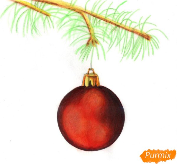 Рисование елочной ветки с игрушкой