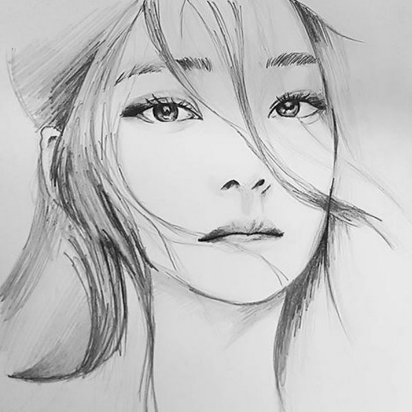 Лицо кореянки карандашом