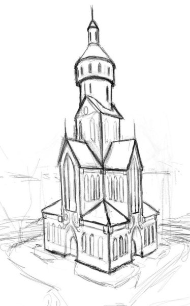 Здание школа сбоку в угловой перспективе