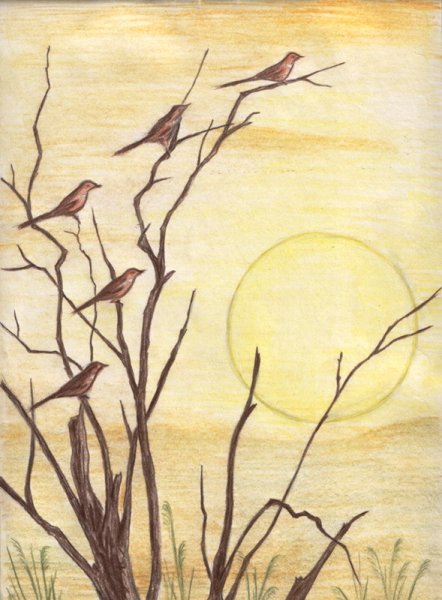 Весенний пейзаж цветными карандашами