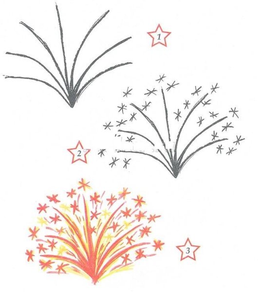 Поэтапное рисование салюта для детей
