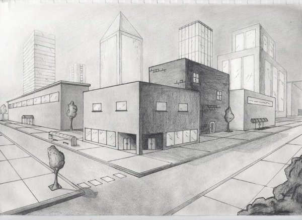 Угловая перспектива города с двумя точками схода