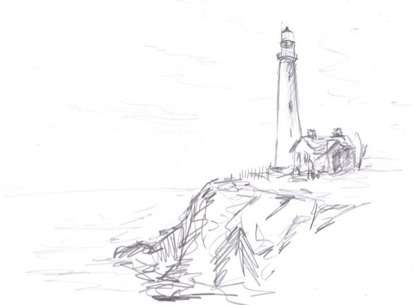 Пейзаж простым карандашом Маяк