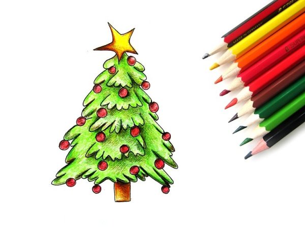 Новогодняя елка цветными карандашами