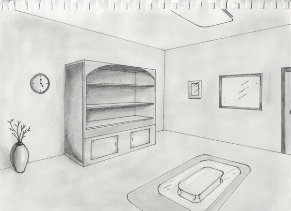 Угловая перспектива комнаты с мебелью