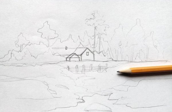 Зимний лес карандашом