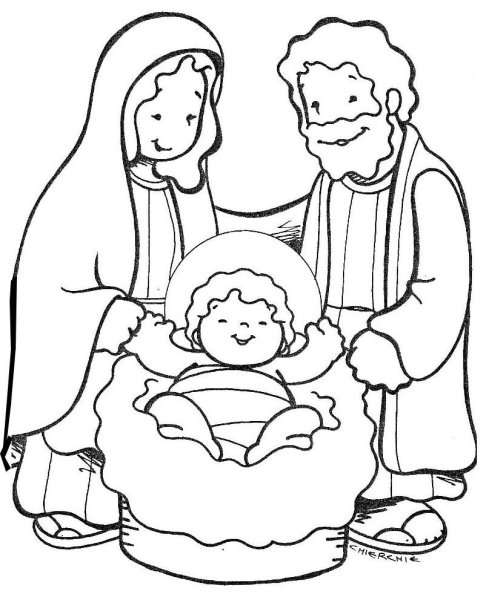 Мария, Иосиф и младенец в вертепе раскраска