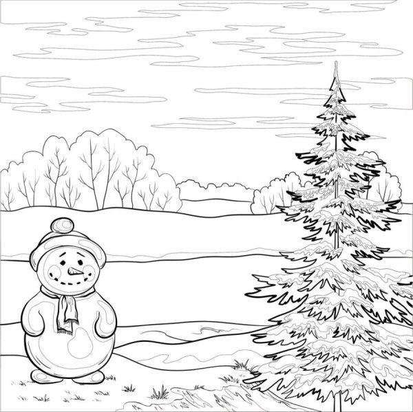 Зимняя деревня раскраска