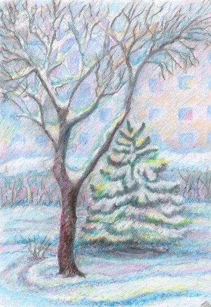 Зимний пейзаж цветными карандашами