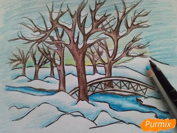 Зимние рисунки цветными карандашами