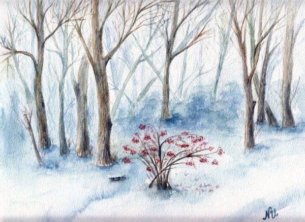 Пейзаж цветными карандашами зима