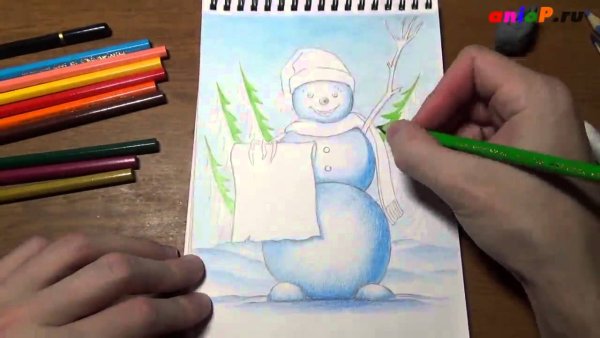 Рисунок снеговика карандашом цветной