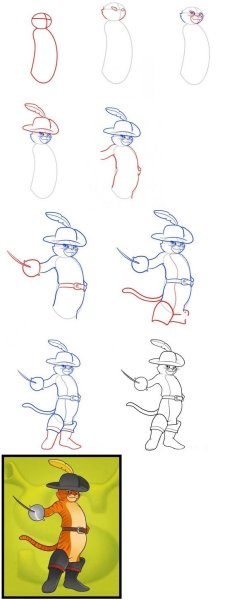 Кот в сапогах рисунок пошагово