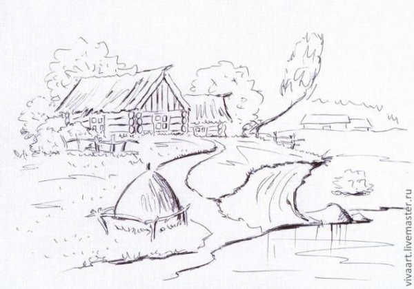 Сельский пейзаж цветными карандашами