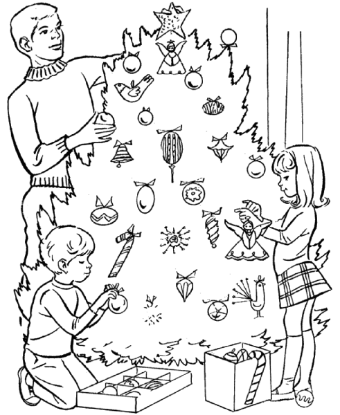 Дети наряжают елку раскраска