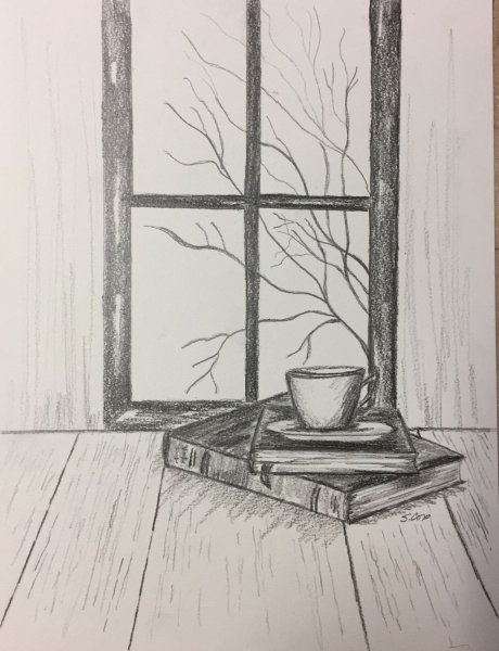 Пейзаж карандашами ваза с фруктами