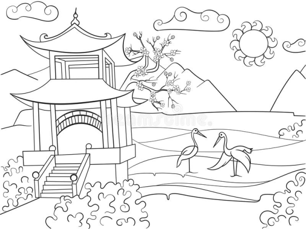 Японский пейзаж раскраска для детей