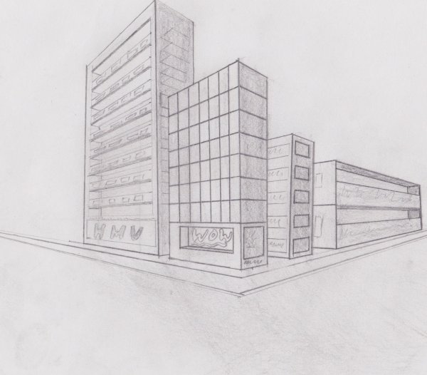 Объемные здания карандашом