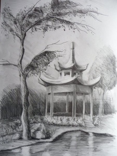 Японский пейзаж карандашом