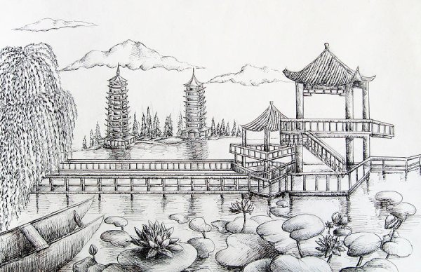 Китайский пейзаж карандашом